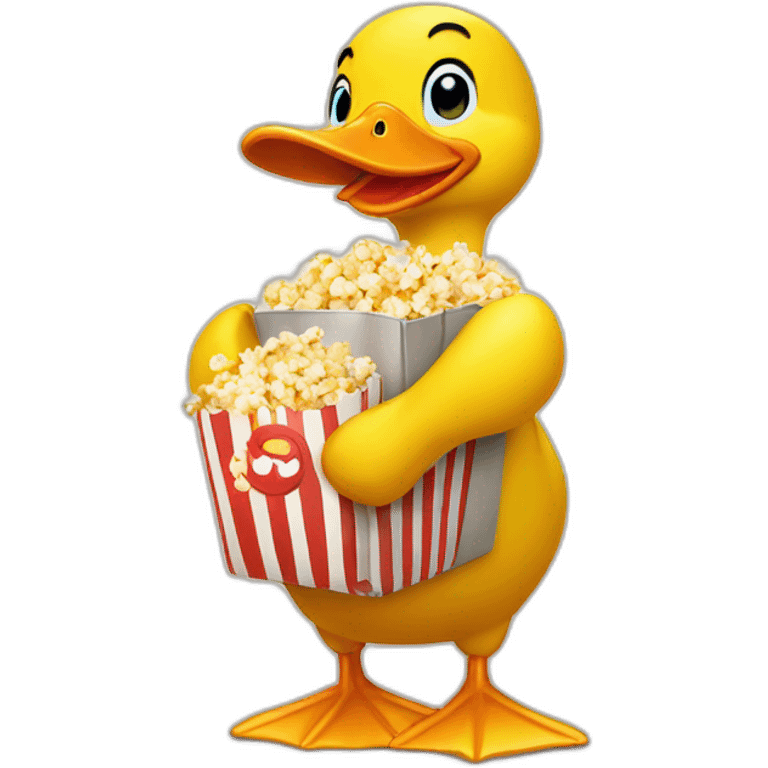 yellow cartoony duck holding bag of popcorn emoji