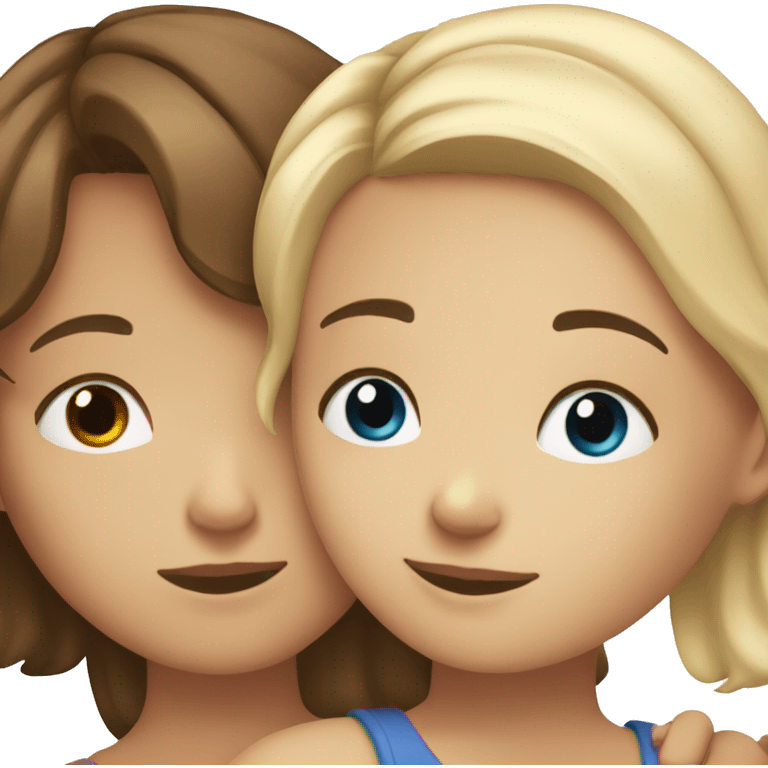 Girl with blonde hair and hazel eyes hugging a girl with brown hair and blue eyes emoji