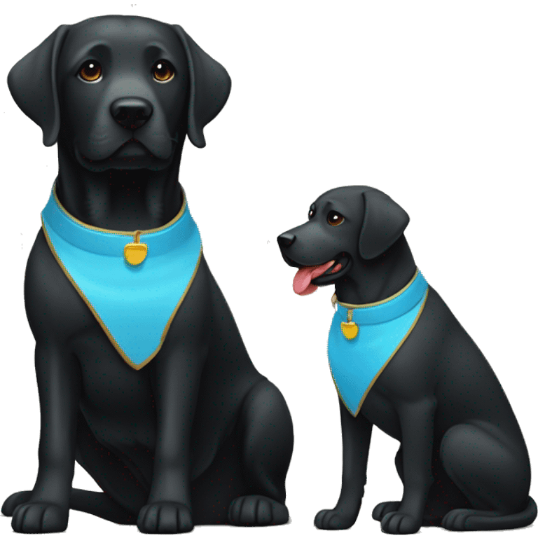 black-coloured labrador on the left with red collar, black-coloured labrador on the right with light blue collar. emoji