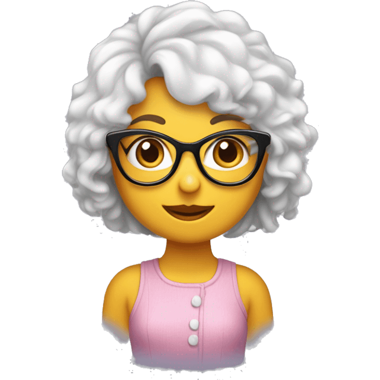 Chica tez blanca, cabello corto rizado, con cat-eyeglasses, nariz perfilada, linda sonrisa. emoji