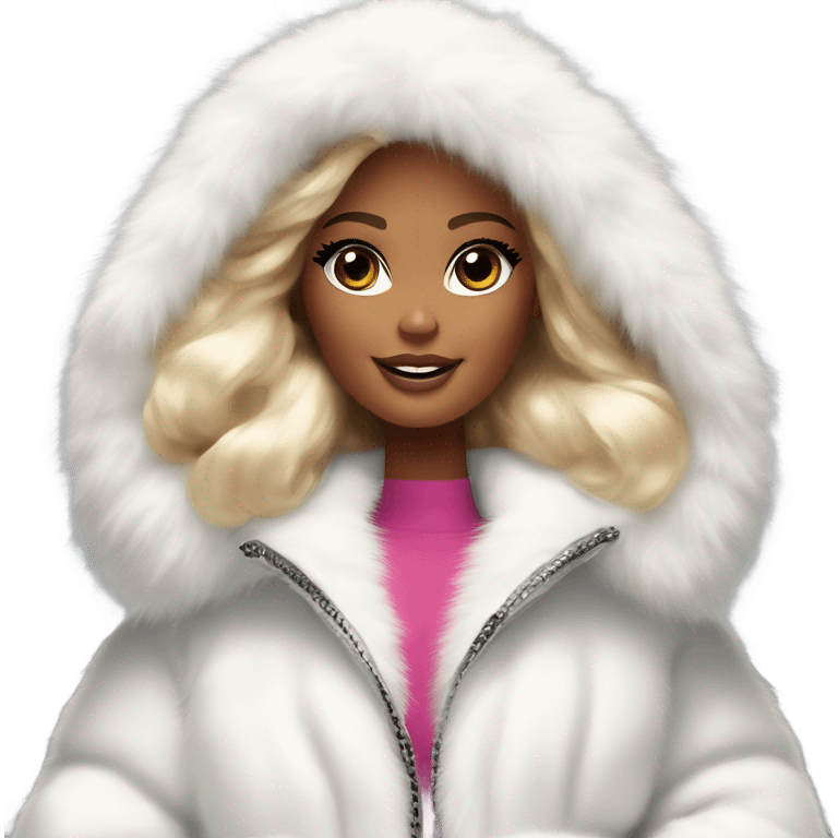 Barbie looking emoji  in an extremely big fluffy oversized white fur coat with hood on. The fur is real and it’s very obvious big and fluffy like in Pinterest  emoji