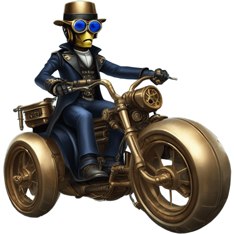 Bounty hunter C-3PO wearing a pair of navy-blue rimmed steampunk goggles, hat, leather chaps, fringe jacket riding a fast sporty 3 wheeler trike steampunk motorcycle in desert town  emoji