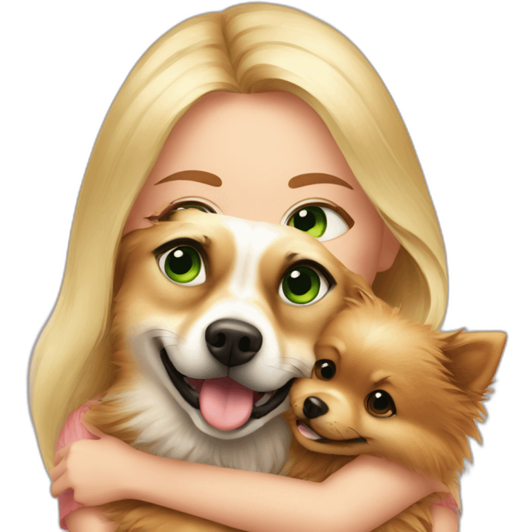 Blonde girl with green eyes, hugs her pomeranian dog, red emoji