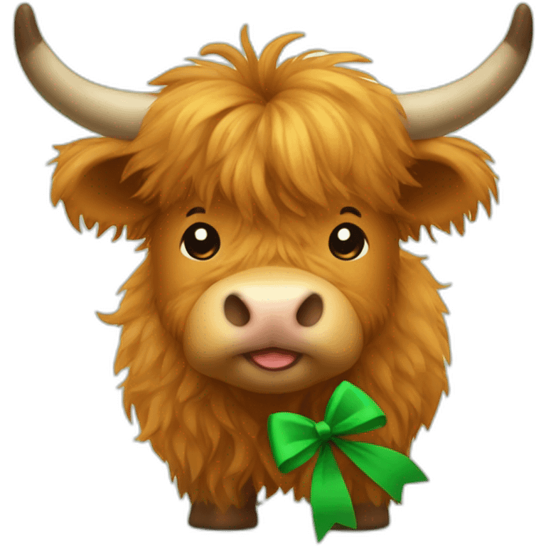 Maple the highland cow with a green bow on top emoji