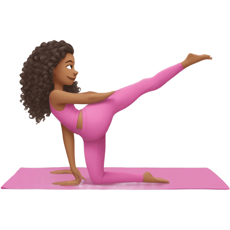 a gorgeous mixed girl with long curly hair to the floor doing pilates in an all pink outfit on a white yoga mat, and long eyelashes emoji