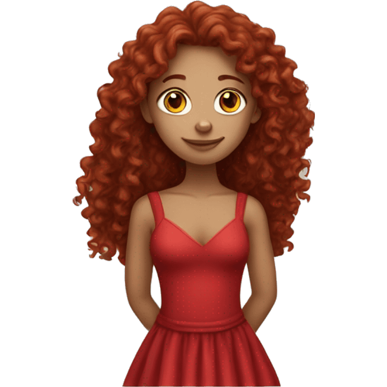 Girl with deep red long curly hair and light skin wearing a red dress emoji