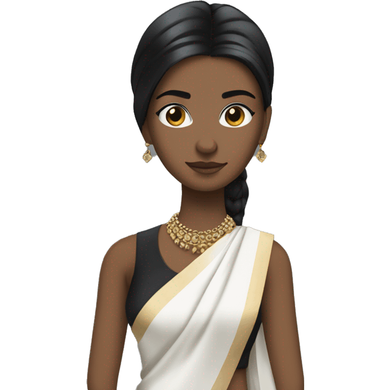 hair straight, American/British white, black hair, white face colour, slender face, wearing a trendy saree and accessories, full body, sharp jawline, edgy emoji