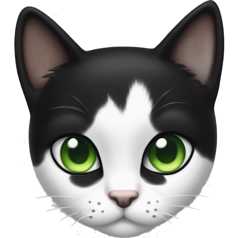 A small tuxedo cat with sleek black fur and a white chest, paws, and belly. It has bright green eyes, long white whiskers, and a white mustache going across its face. emoji