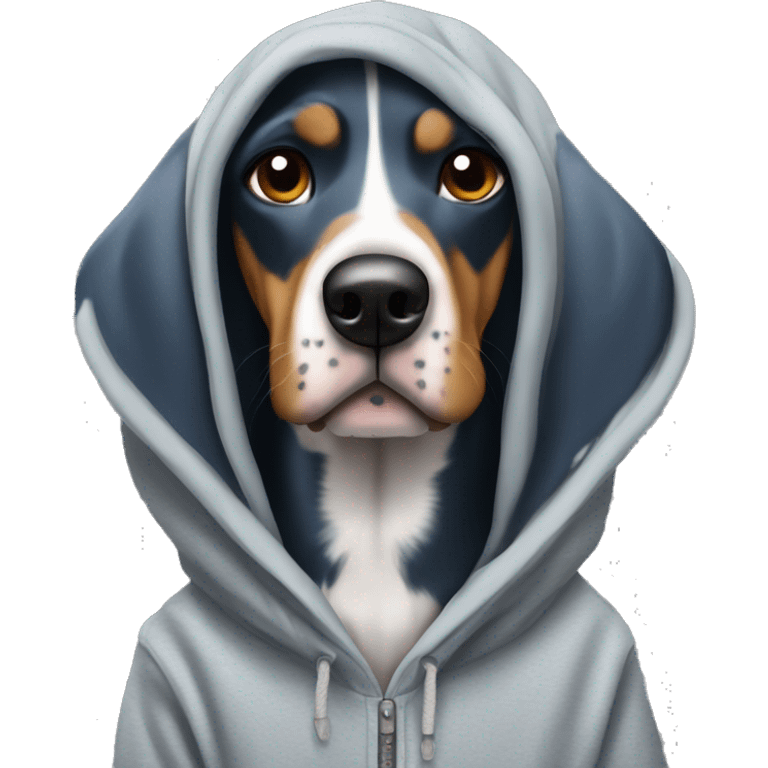 Small bluetick hound wearing a hoodie emoji