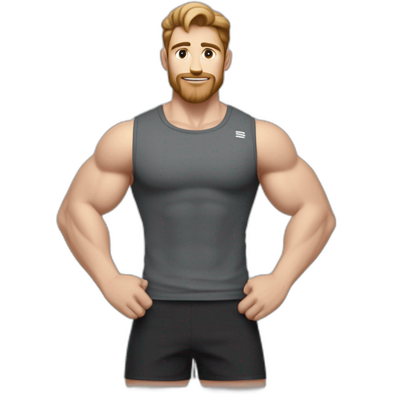 Close up Actively gesturing  with hands Pale skinned Fit Man With the biceps and brown hair in dark gray Sleeveless Mike, black oversize sports shorts, watch and white Sneakers emoji