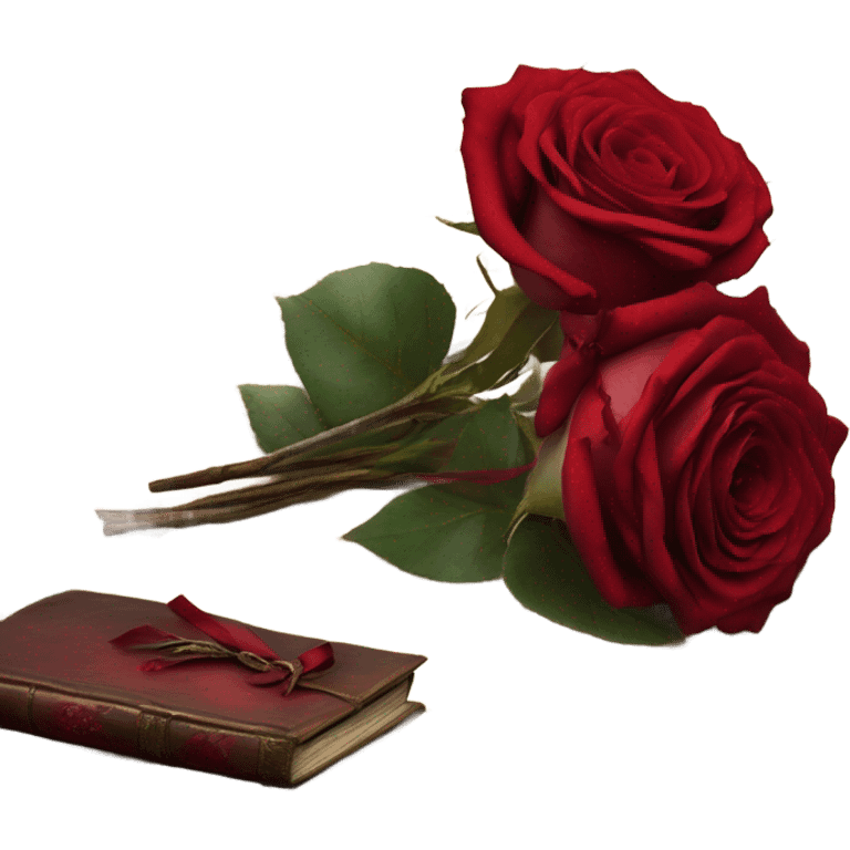 A crimson bouquet of roses with a silk ribbon and an old handwritten diary emoji