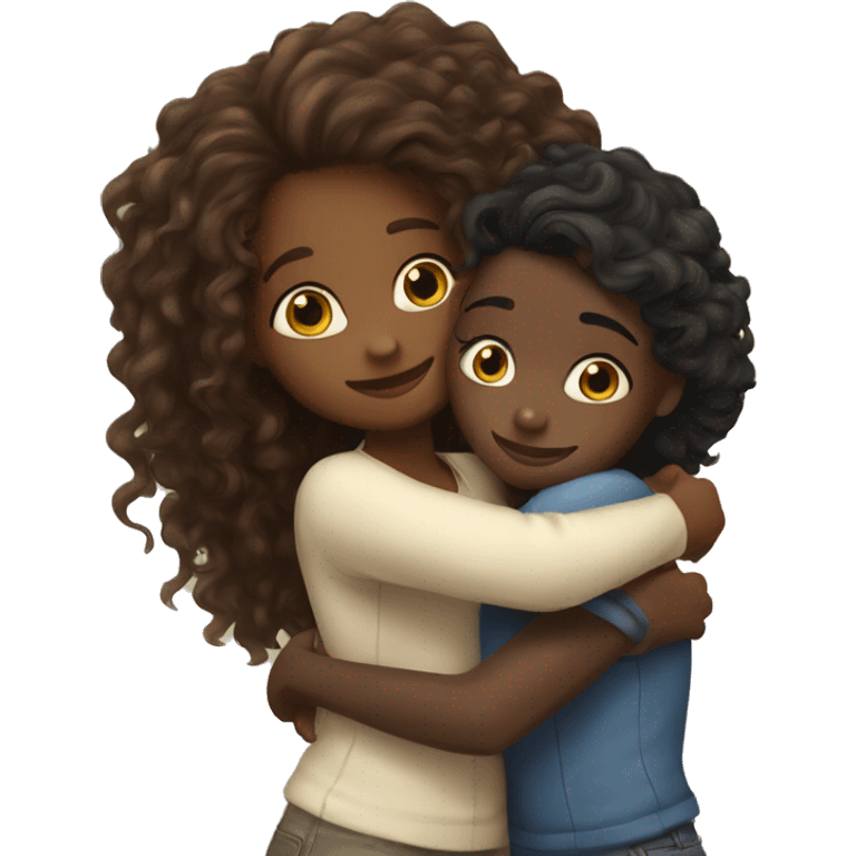 black girl with long curly hair hugging white girl with long brown hair emoji