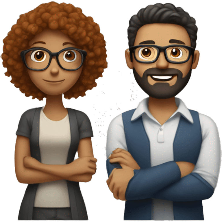  guy with ginger beard hugging dark brunette girl with frizzy short hair woman with glasses  emoji