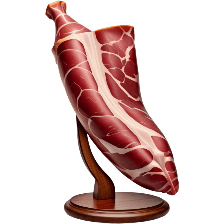 ​Cinematic Realistic Spanish Jamón Leg, depicted as a massive, cured leg of Jamón serrano with a deep reddish-brown hue, intricately marbled and slightly glossy with age, elegantly displayed on a rustic wooden stand and bathed in warm, soft lighting that accentuates its artisanal heritage, emoji