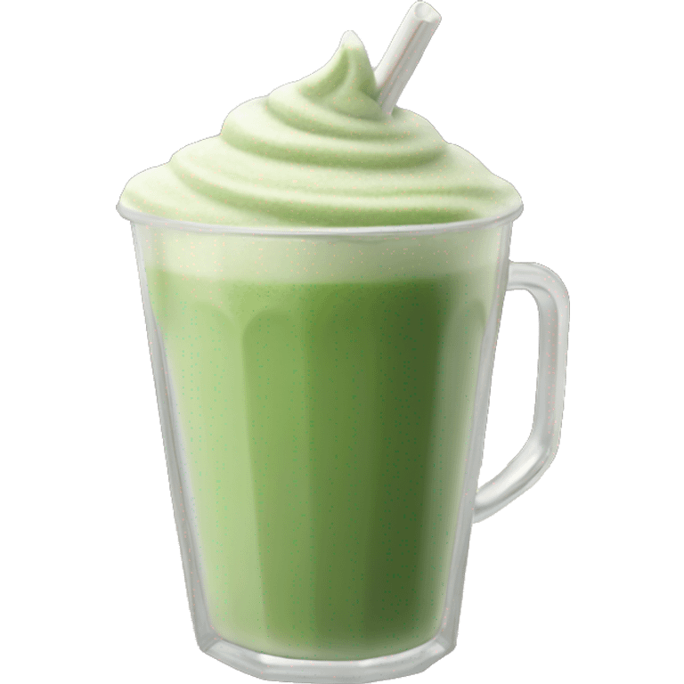 A frothy matcha latte in a clear glass cup with a straw emoji