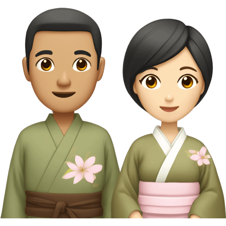 asian couple in kimono - man wearing plain olive green with brown outside and beige fabric belt, woman wearing light pink with pastel florals emoji