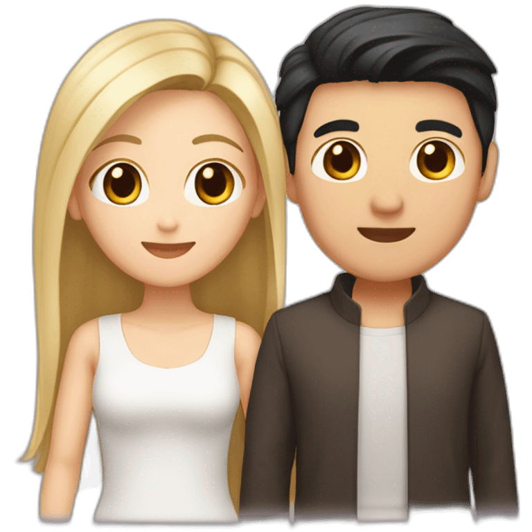 A couple consisting of asian korean man with dark eyes and hair tanned skin and white girl with long straight blonde hair and brown eyes emoji