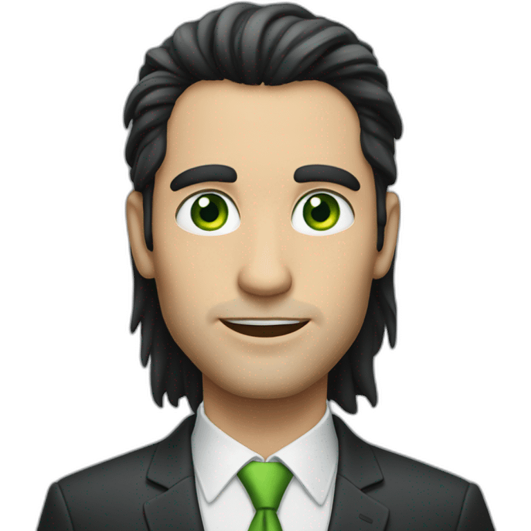 a man with long dark hair in a suit, green eyes emoji