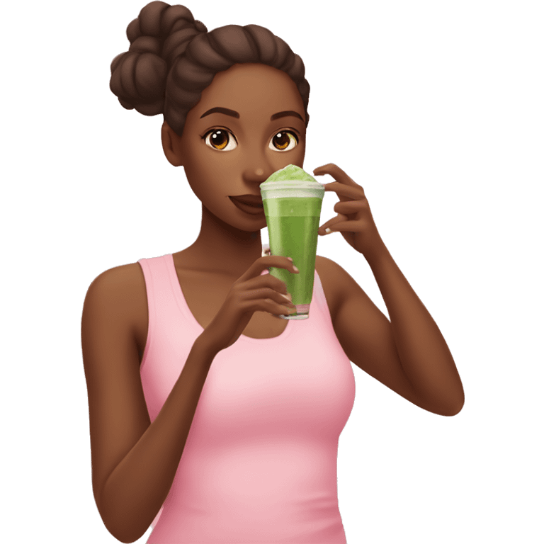 Brown skin girl pink sipping iced matcha emoji