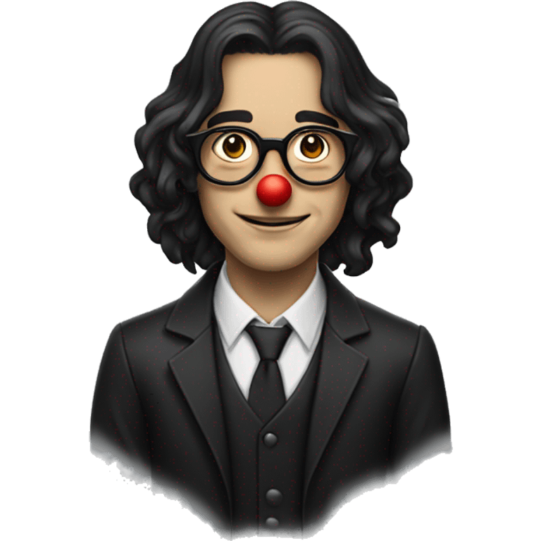 A white boy with black long hair, thin round glasses. He's wearing a clown costume emoji