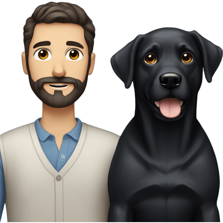 man with dark hair blue eyes beard and mustache holding black Labrador  emoji