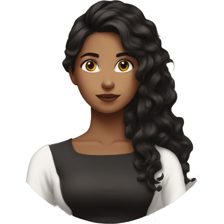 rear side of a brown women, with black hair, a white crop top, wavy long hair  emoji