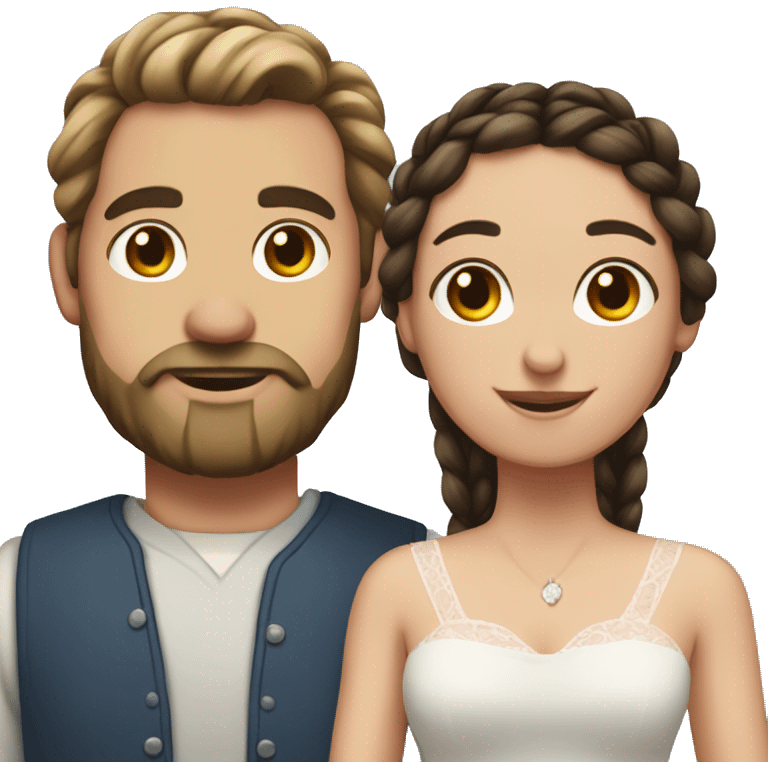 A man with dark brown hair and a beard married to a long brown haired women with pig tail braids  emoji