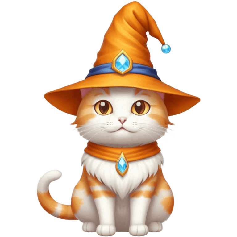 white and orange cat with a wizard hat emoji