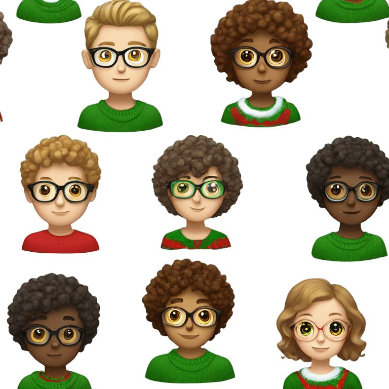 A white boy with glasses necklace and a shirt with a girl brown curly hair glasses and a christmas red and green sweater emoji