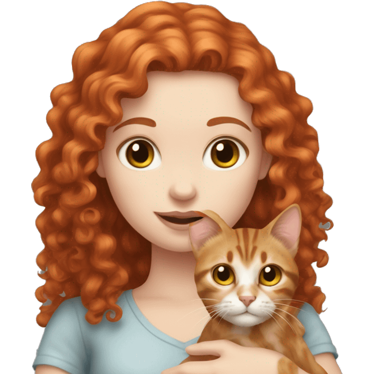 Pale skin Red hair curly girl holding tabby cat emoji