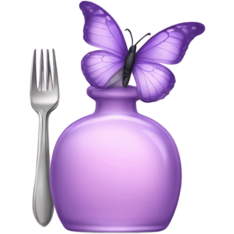  pastel violet butterfly resting on an elegant lavender perfume bottle with fork pink details. emoji