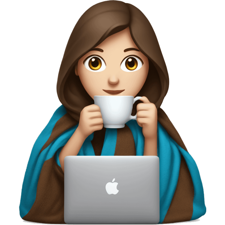 White Girl with blue eyes and brown hair drinking tea with blanket on a macbook emoji