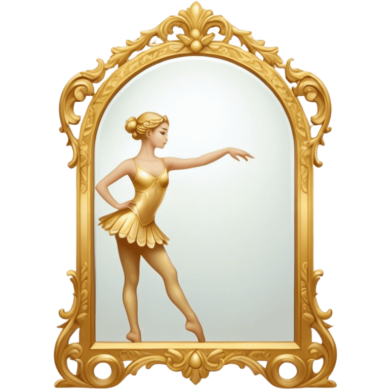 Cinematic Realistic Mirror, a large, ornate mirror reflecting a dancer’s poised silhouette, soft golden light creating depth, slight smudges on the glass adding realism, glowing with a timeless and artistic presence. emoji