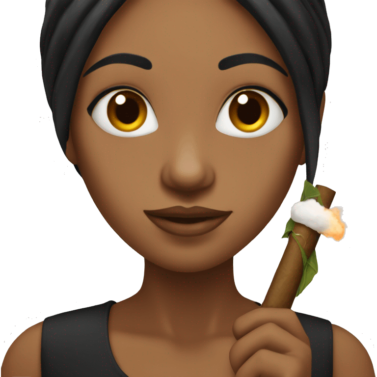 Brown skin woman with long black hair holding a joint emoji