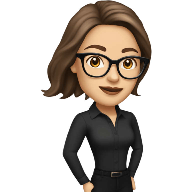 50 years old
long brown hair with straight styling
light skin
glasses with refined frame
Brown almond eyes with cat eye liner
black silk shirt with long sleeves emoji