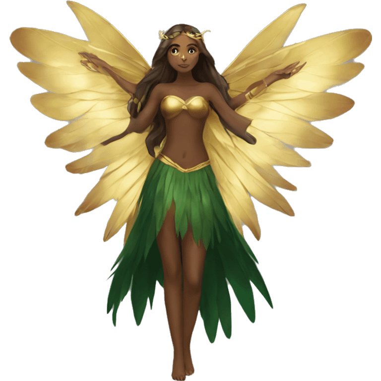 big wings, Beautiful, fairy, gold, brown, dark green, green, long hair emoji