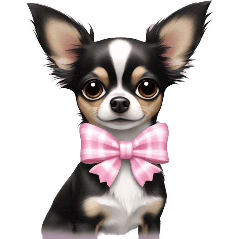 black and pure white long haired chihuahua with white stripe on forhead a cute pink bow emoji