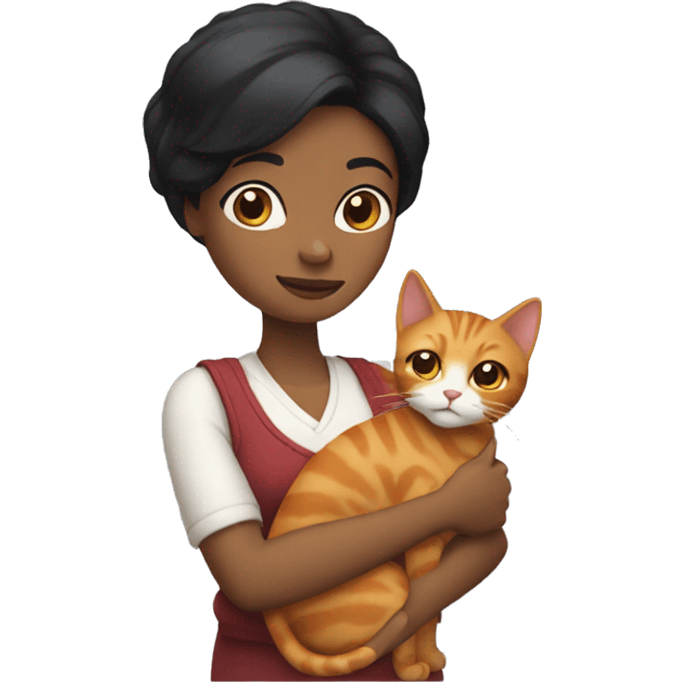 Black hair woman carrying a ginger cat emoji