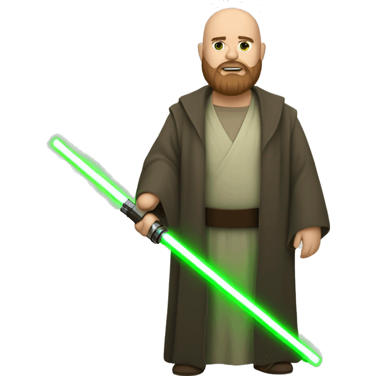 Full body Star Wars bald brown bearded chubby man holding green light saber emoji