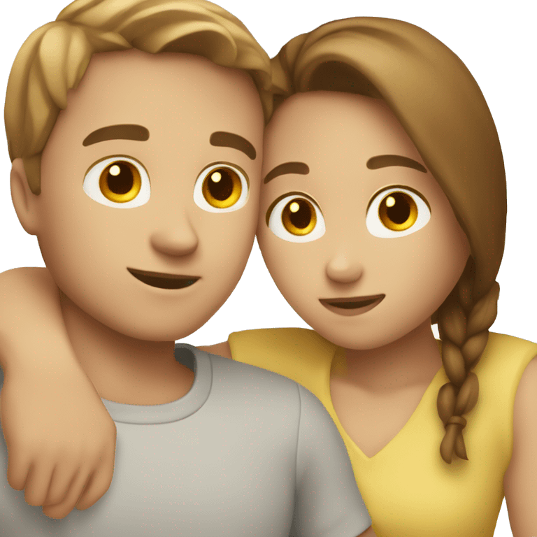 Couple hugging face looking both white people girl has brown hair boy has yellowish brown hair  emoji