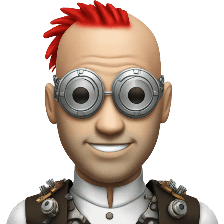 Bald cyborg head with red Mohawk, red beard. silver steampunk monocle goggles a smile and circuits emoji