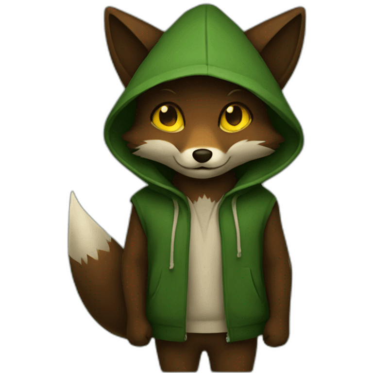 small dark brown fox with yellow eyes and a dark green hood that smile emoji