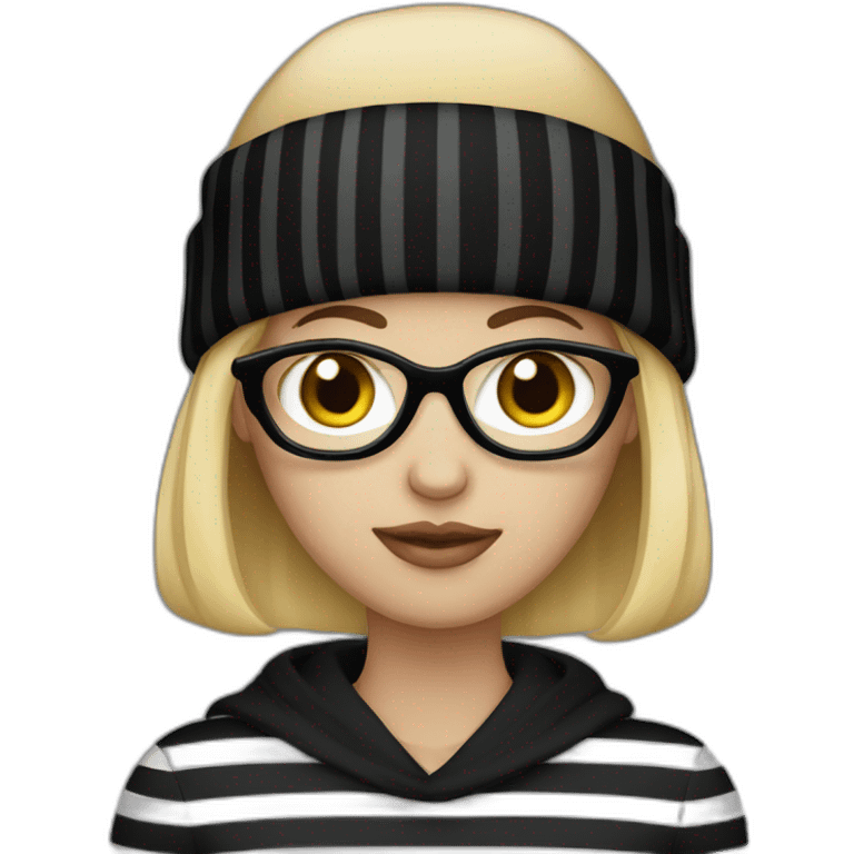 blonde woman in fully black beanie hat, black eye mask and striped shirt emoji