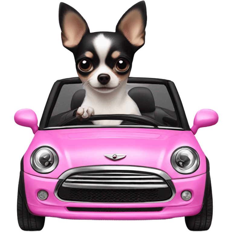 Black and white Chihuahua driving pink mini cooper convertible  emoji