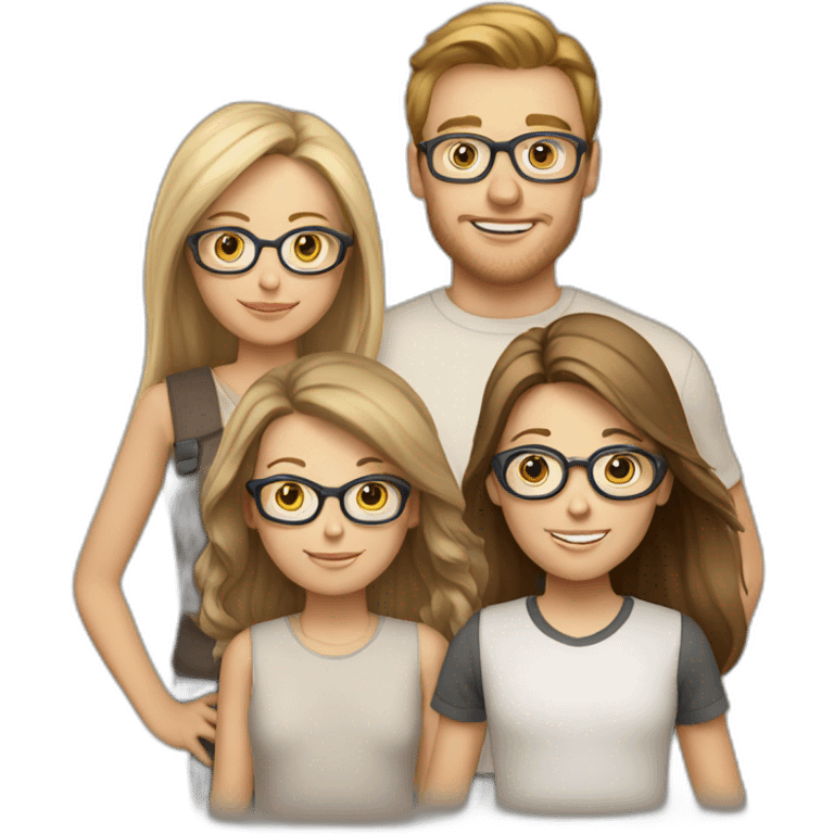 White family of 4, 1 brown hair mom, 1 brown hair boy, 2 girls with glasses and long blond hair emoji