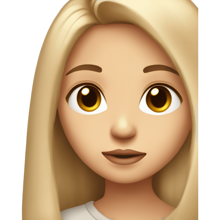 girl with light long straight hair, in beige t-shirt, baby face, small nose, big lips, brown eyes emoji