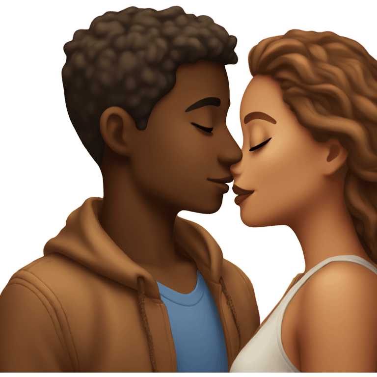 a light skin girl and and a brown skin boy kissing in the sunset emoji