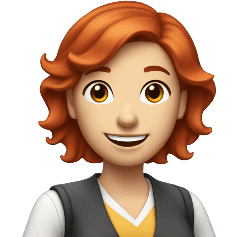 happy science school teacher: a female school teacher, with red hair and dark brown eyes, smiling with her hand waving to say hello to students. the image is from torso up. emoji