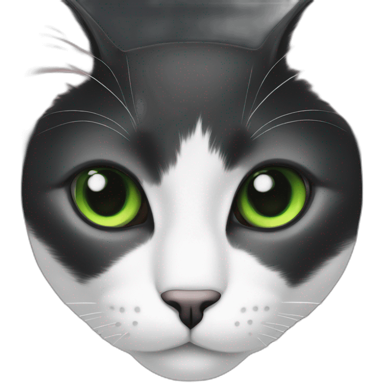 A black cat with green eyes with a white mustache, with a thin white stripe on the nose on the right side, with a full-length white breast and white paws emoji