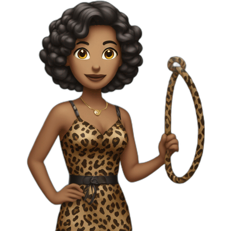 Woman in loepard dress with a whip emoji